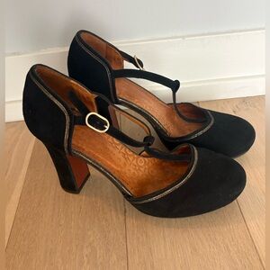 Chie Mihara Delta Black Suede T-Strap Mary Jane Heels
